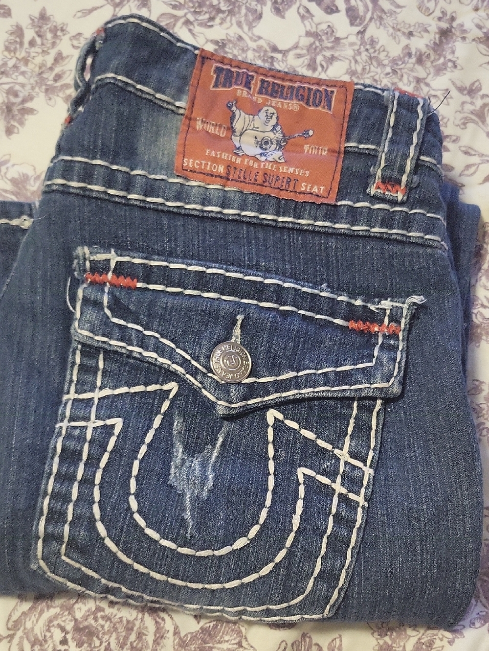 True Religion Dark Blue Denim Jeans with Red Stitching